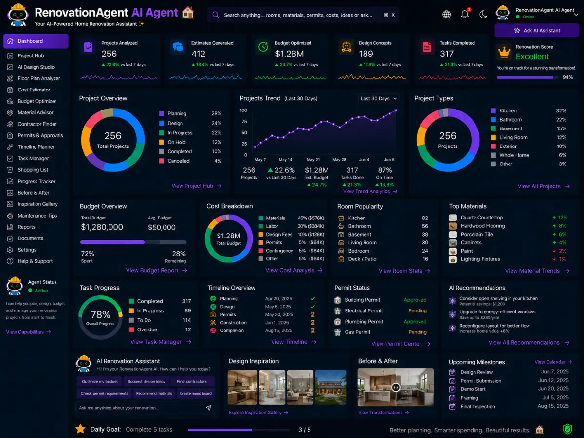 renovationagent.app AI renovation planning agent app — contractoring dashboard preview
